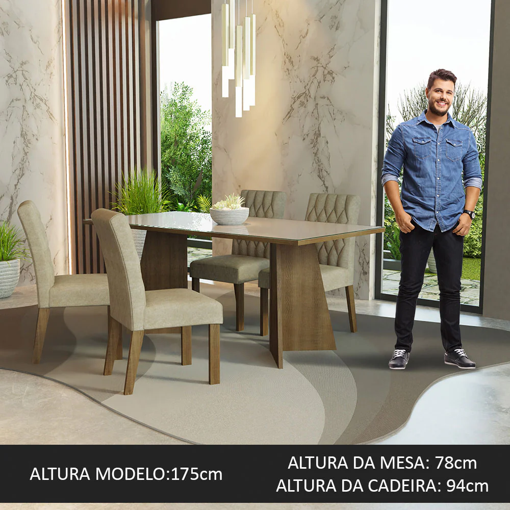 Conjunto Sala de Jantar Mesa Tampo de Vidro 4 Cadeiras Rustic/Crema/Imperial Harper Madesa - Image 3