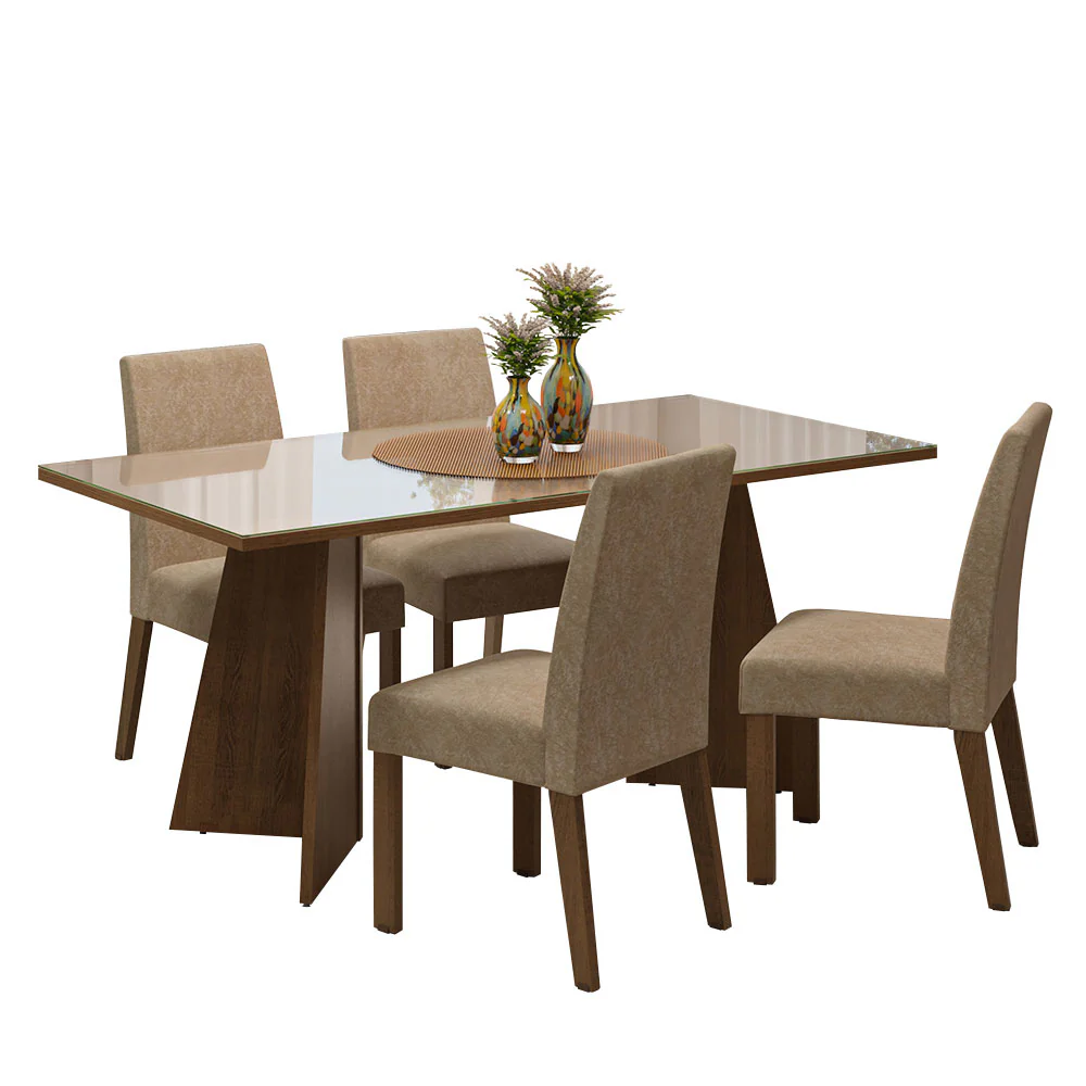 Conjunto Sala de Jantar Mesa Tampo de Vidro 4 Cadeiras Rustic/Crema/Imperial Taylor Madesa - Image 2
