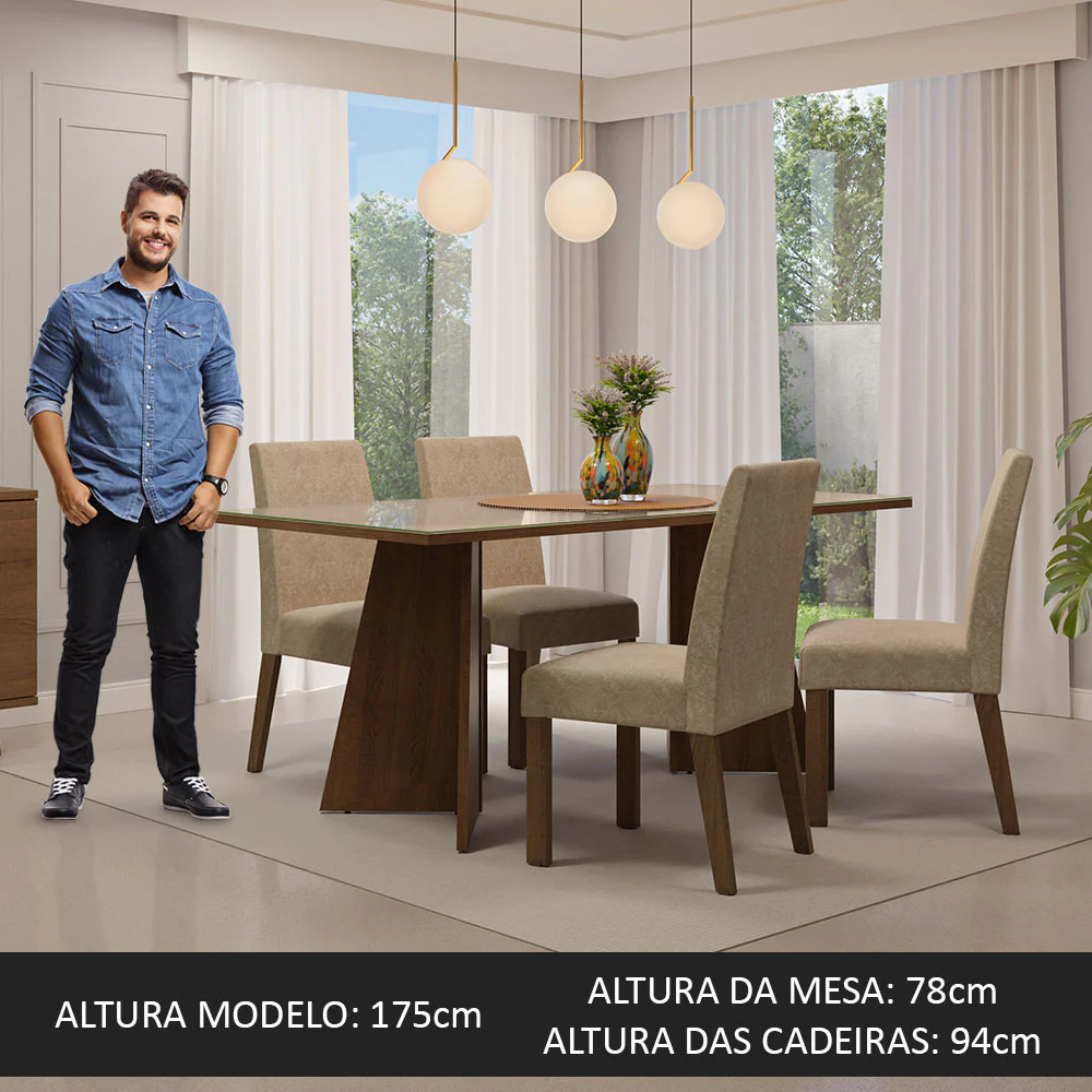 Conjunto Sala de Jantar Mesa Tampo de Vidro 4 Cadeiras Rustic/Crema/Imperial Taylor Madesa - Image 3