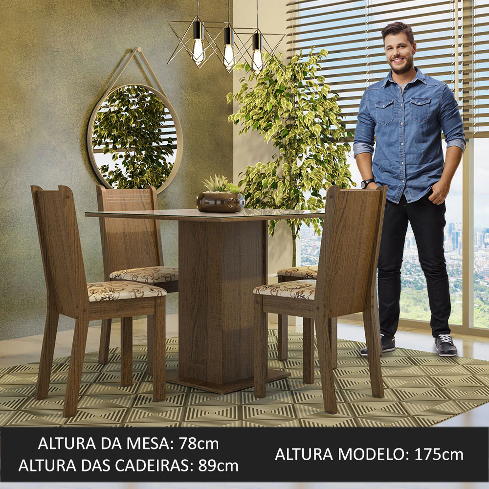 Conjunto Sala de Jantar Mesa Tampo de Vidro 4 Cadeiras Rustic/Crema/Lírio Bege Perla Madesa - Image 4