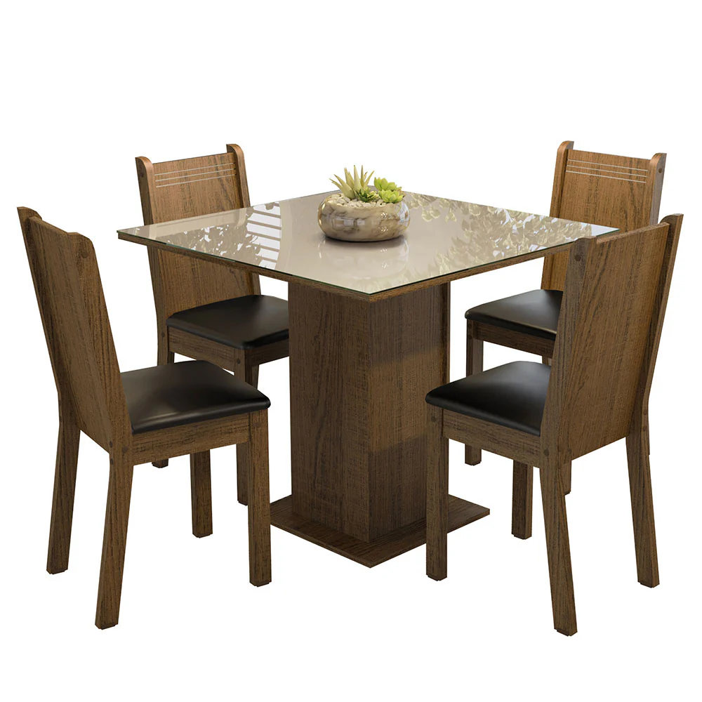 Conjunto Sala de Jantar Mesa Tampo de Vidro 4 Cadeiras Rustic/Crema/Preto Perla Madesa - Image 2