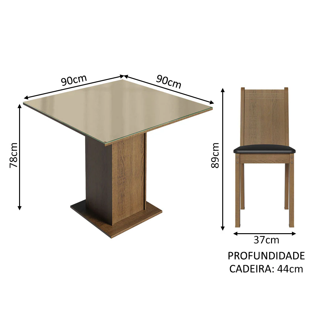 Conjunto Sala de Jantar Mesa Tampo de Vidro 4 Cadeiras Rustic/Crema/Preto Perla Madesa - Image 3