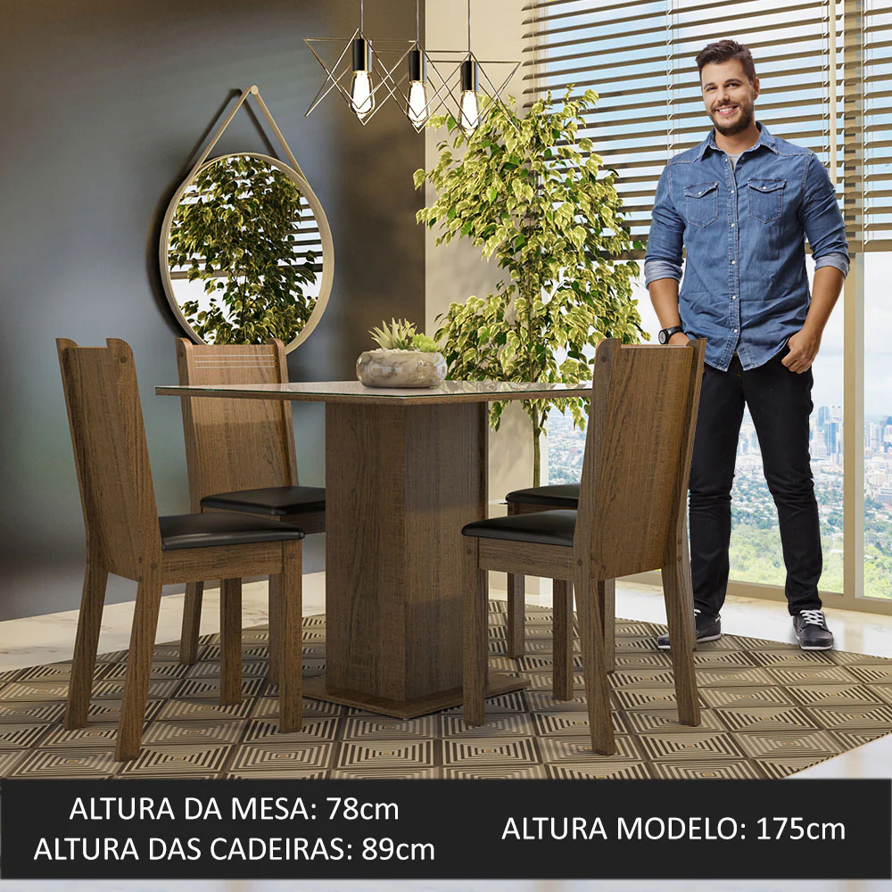 Conjunto Sala de Jantar Mesa Tampo de Vidro 4 Cadeiras Rustic/Crema/Preto Perla Madesa - Image 4