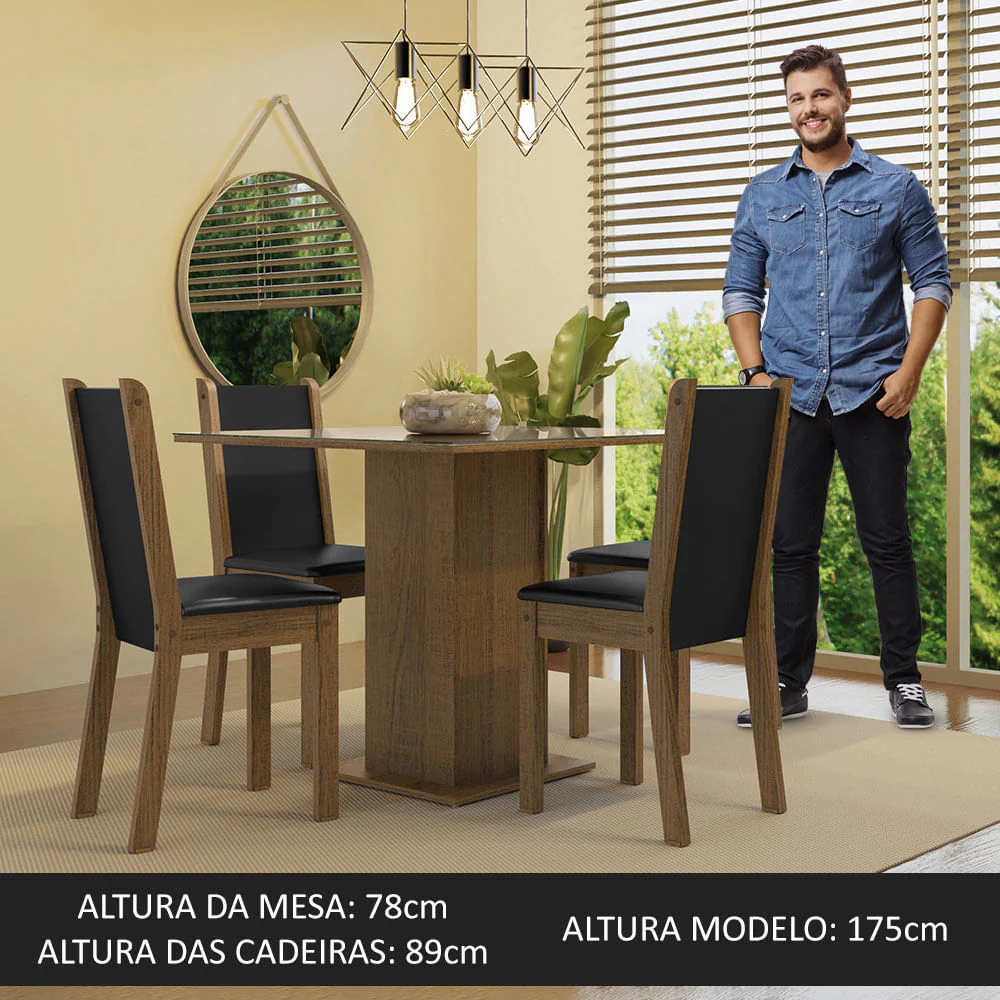 Conjunto Sala de Jantar Mesa Tampo de Vidro 4 Cadeiras Rustic/Crema/Preto Tifani Madesa - Image 4