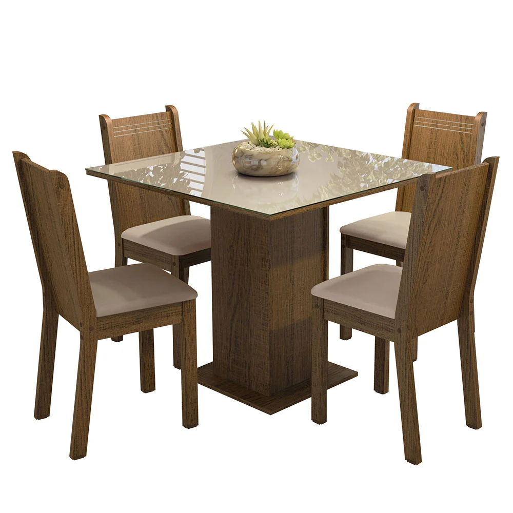 Conjunto Sala de Jantar Mesa Tampo de Vidro 4 Cadeiras Rustic/Crema/Sintético Bege Perla Madesa - Image 2