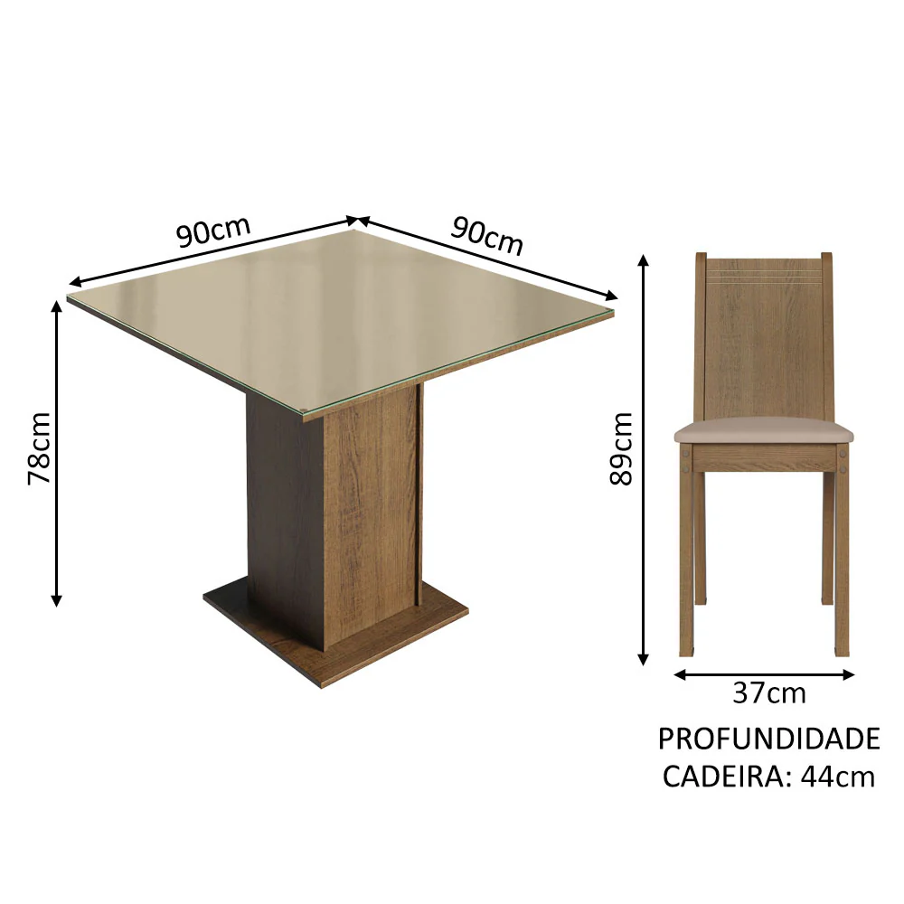 Conjunto Sala de Jantar Mesa Tampo de Vidro 4 Cadeiras Rustic/Crema/Sintético Bege Perla Madesa - Image 3