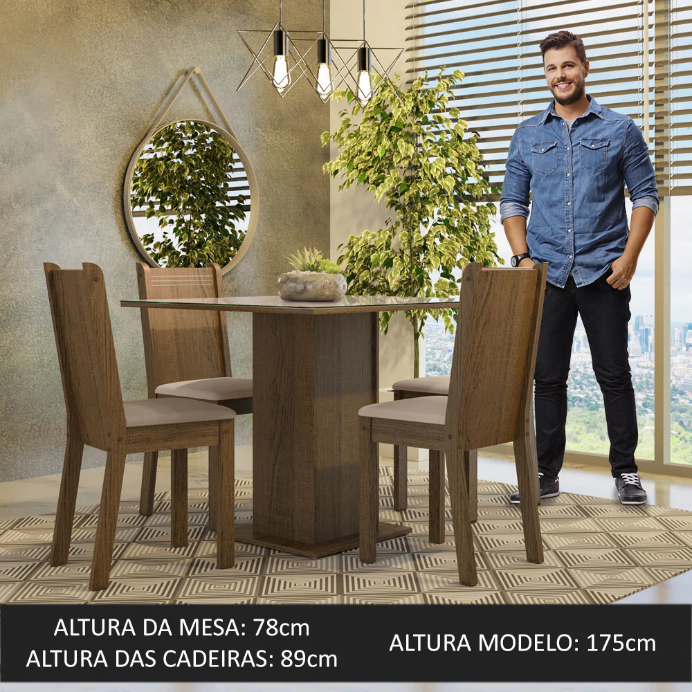 Conjunto Sala de Jantar Mesa Tampo de Vidro 4 Cadeiras Rustic/Crema/Sintético Bege Perla Madesa - Image 4