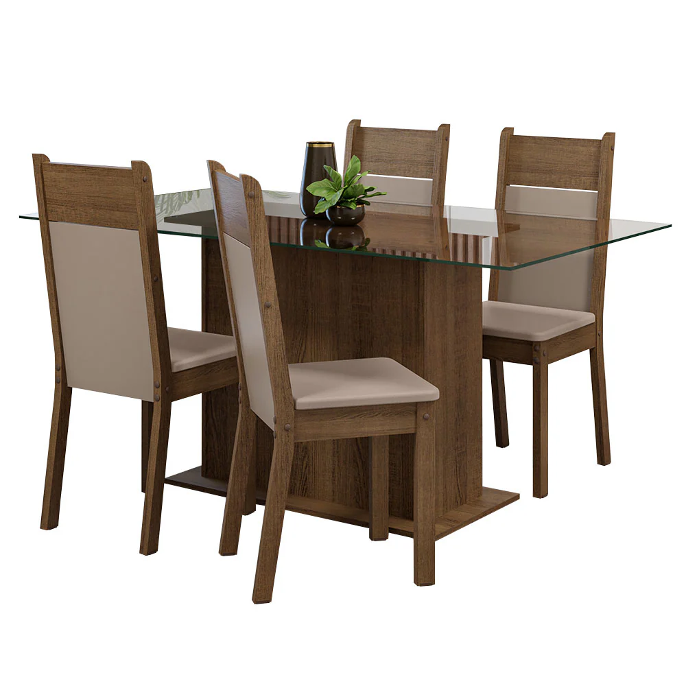 Conjunto Sala de Jantar Mesa Tampo de Vidro 4 Cadeiras Rustic/Crema/Sintético Bege Savana Madesa - Image 2