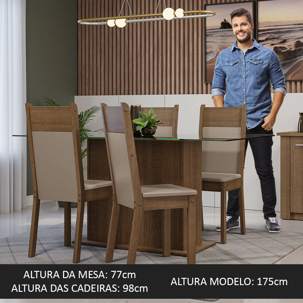 Conjunto Sala de Jantar Mesa Tampo de Vidro 4 Cadeiras Rustic/Crema/Sintético Bege Savana Madesa - Image 5