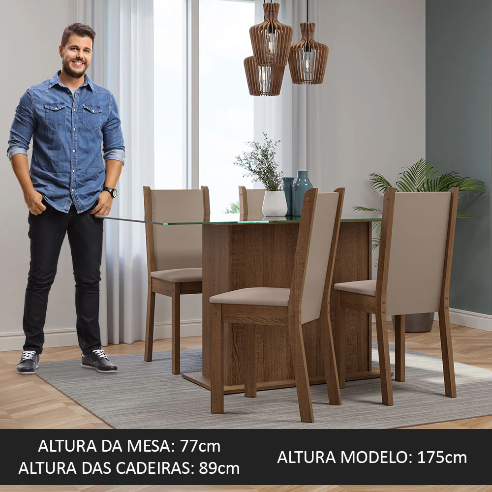 Conjunto Sala de Jantar Mesa Tampo de Vidro 4 Cadeiras Rustic/Crema/Sintético Bege Yara Madesa - Image 5