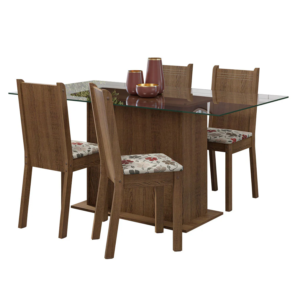 Conjunto Sala de Jantar Mesa Tampo de Vidro 4 Cadeiras Rustic/Floral Hibiscos Espanha Madesa - Image 2