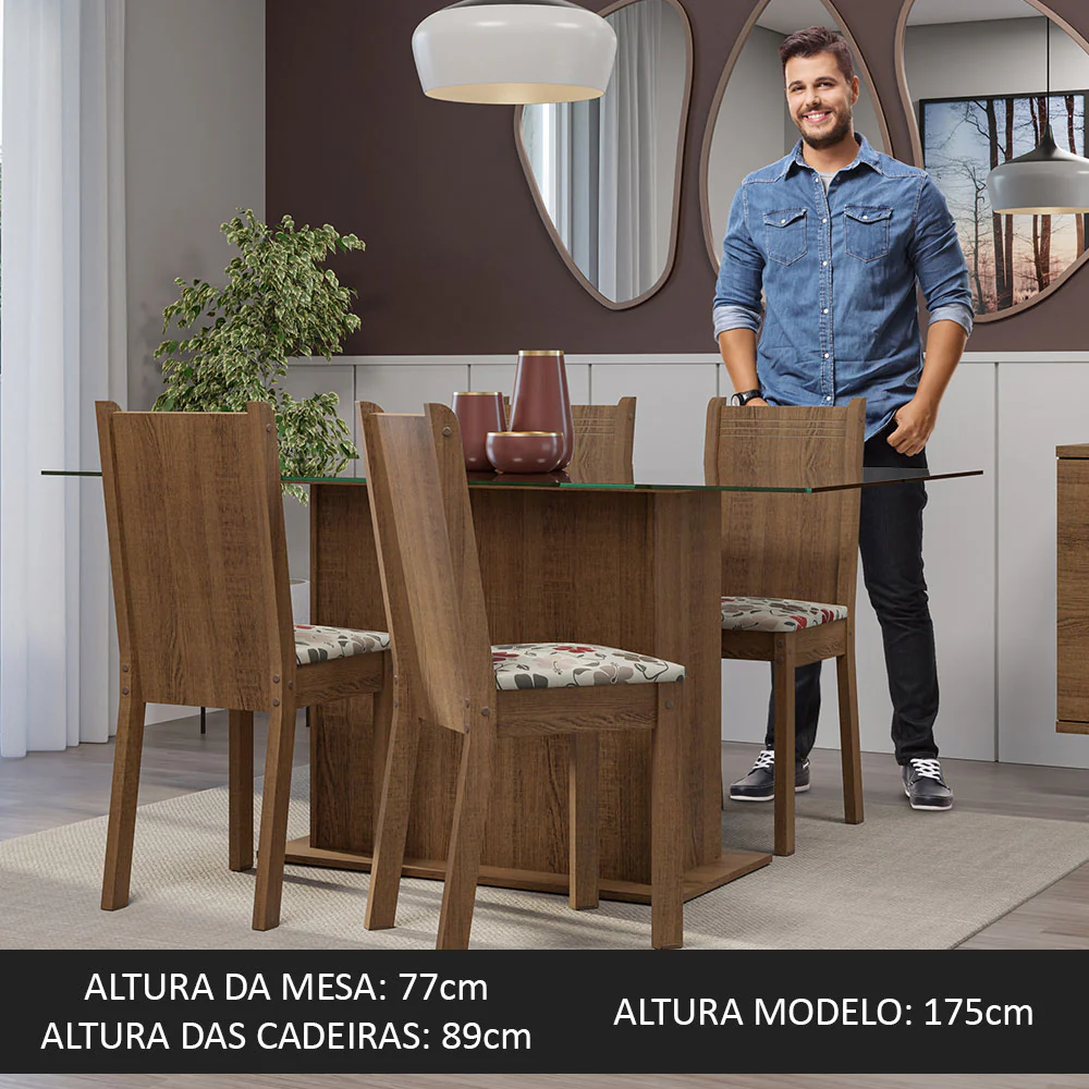 Conjunto Sala de Jantar Mesa Tampo de Vidro 4 Cadeiras Rustic/Floral Hibiscos Espanha Madesa - Image 5