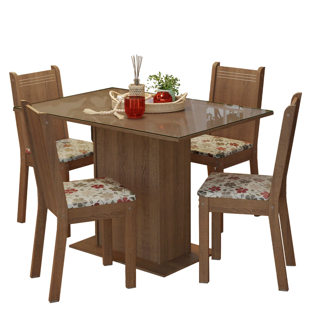 Conjunto Sala de Jantar Mesa Tampo de Vidro 4 Cadeiras Rustic/Hibiscos Camélia Madesa - Image 2