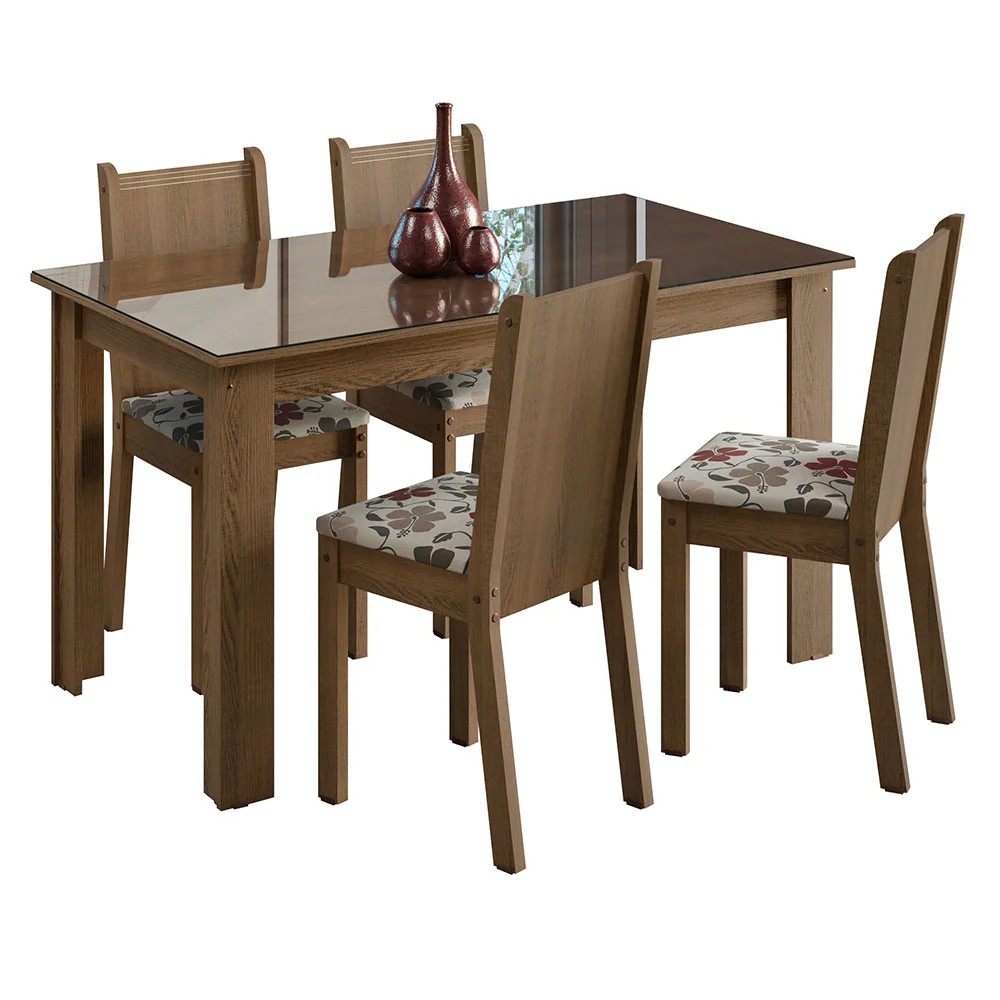 Conjunto Sala de Jantar Mesa Tampo de Vidro 4 Cadeiras Rustic/Hibiscos Kiara Madesa - Image 2