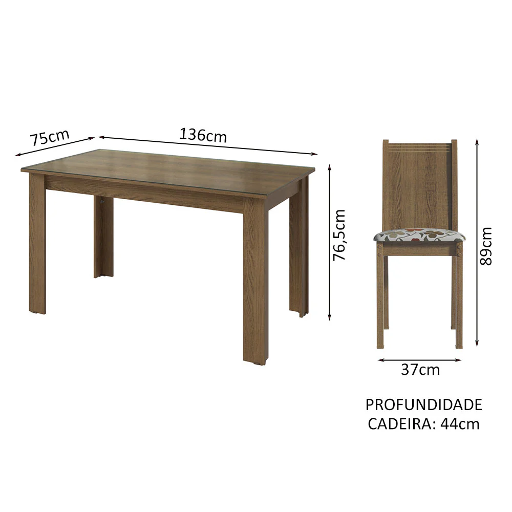Conjunto Sala de Jantar Mesa Tampo de Vidro 4 Cadeiras Rustic/Hibiscos Kiara Madesa - Image 3