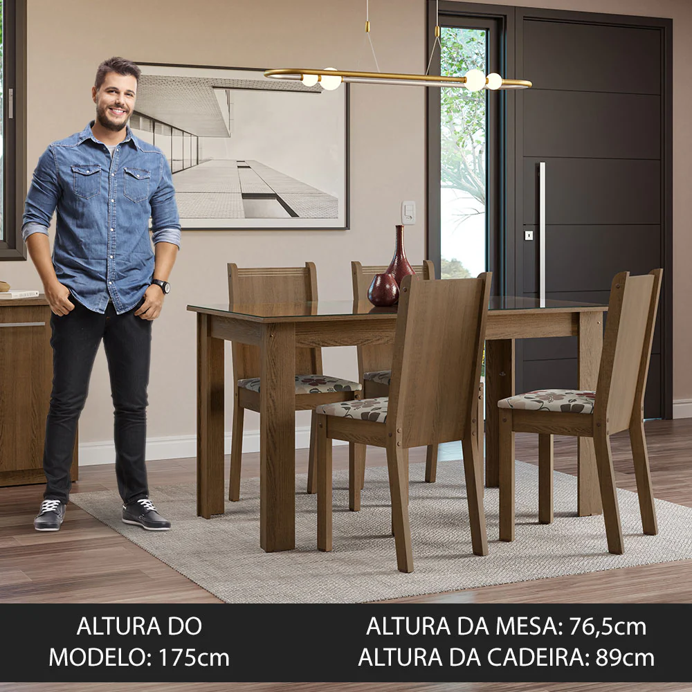 Conjunto Sala de Jantar Mesa Tampo de Vidro 4 Cadeiras Rustic/Hibiscos Kiara Madesa - Image 4