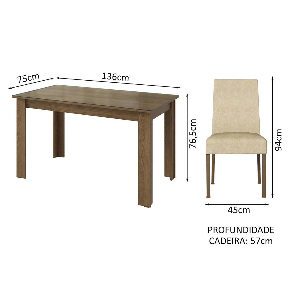 Conjunto Sala de Jantar Mesa Tampo de Vidro 4 Cadeiras Rustic/Imperial Antônia Madesa - Image 3