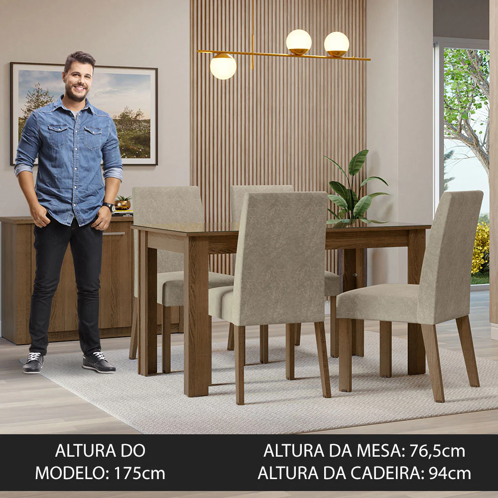 Conjunto Sala de Jantar Mesa Tampo de Vidro 4 Cadeiras Rustic/Imperial Antônia Madesa - Image 4