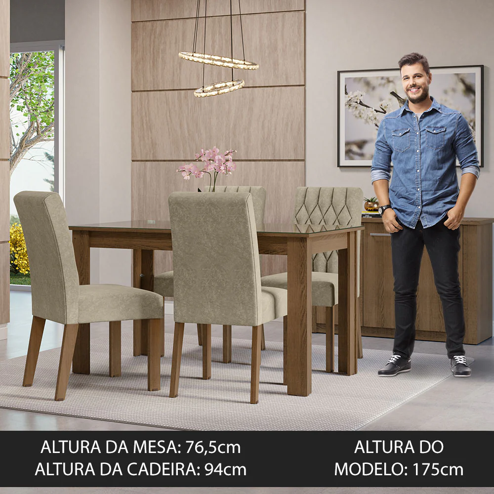 Conjunto Sala de Jantar Mesa Tampo de Vidro 4 Cadeiras Rustic/Imperial Celina Madesa - Image 4