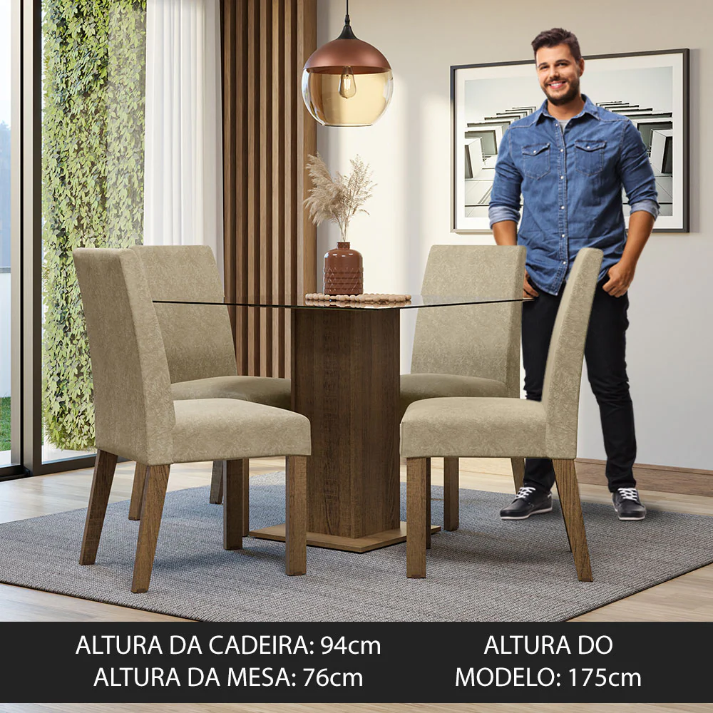 Conjunto Sala de Jantar Mesa Tampo de Vidro 4 Cadeiras Rustic/Imperial Ivy Madesa - Image 4