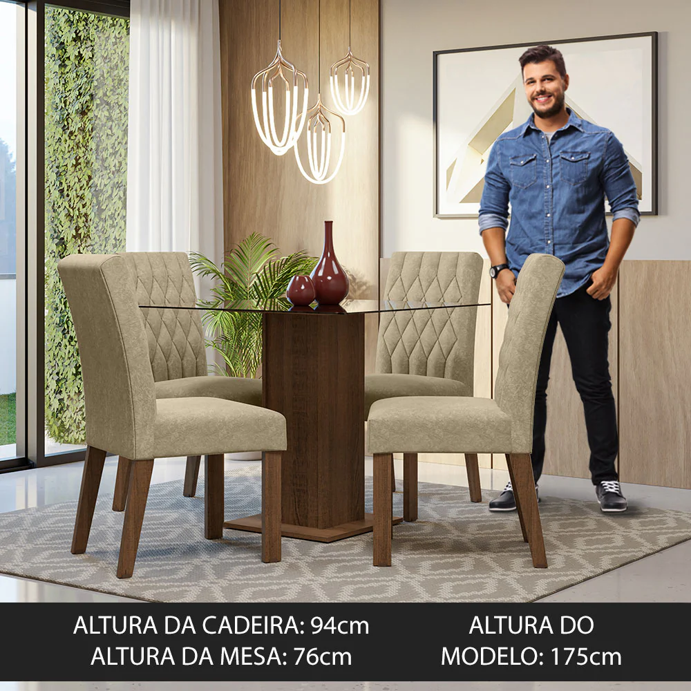 Conjunto Sala de Jantar Mesa Tampo de Vidro 4 Cadeiras Rustic/Imperial Noemi Madesa - Image 4