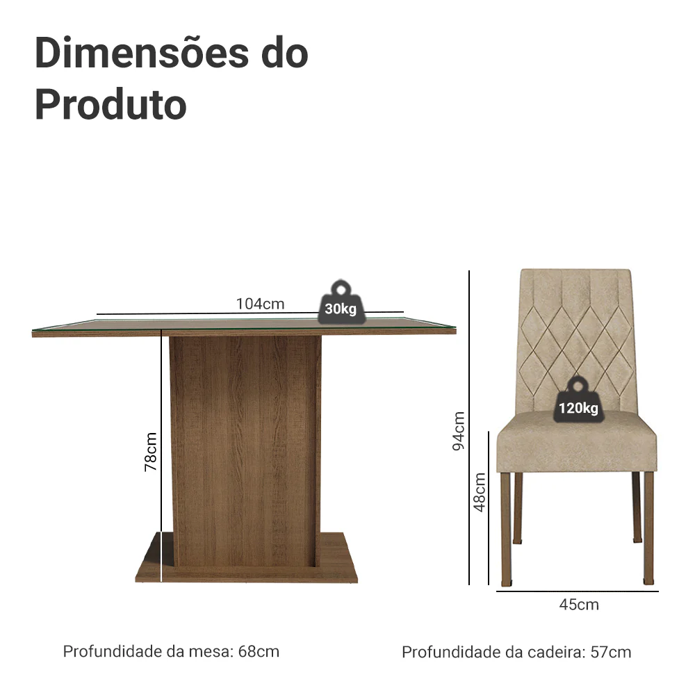 Conjunto Sala de Jantar Mesa Tampo de Vidro 4 Cadeiras Rustic/Imperial Reale Madesa - Image 3