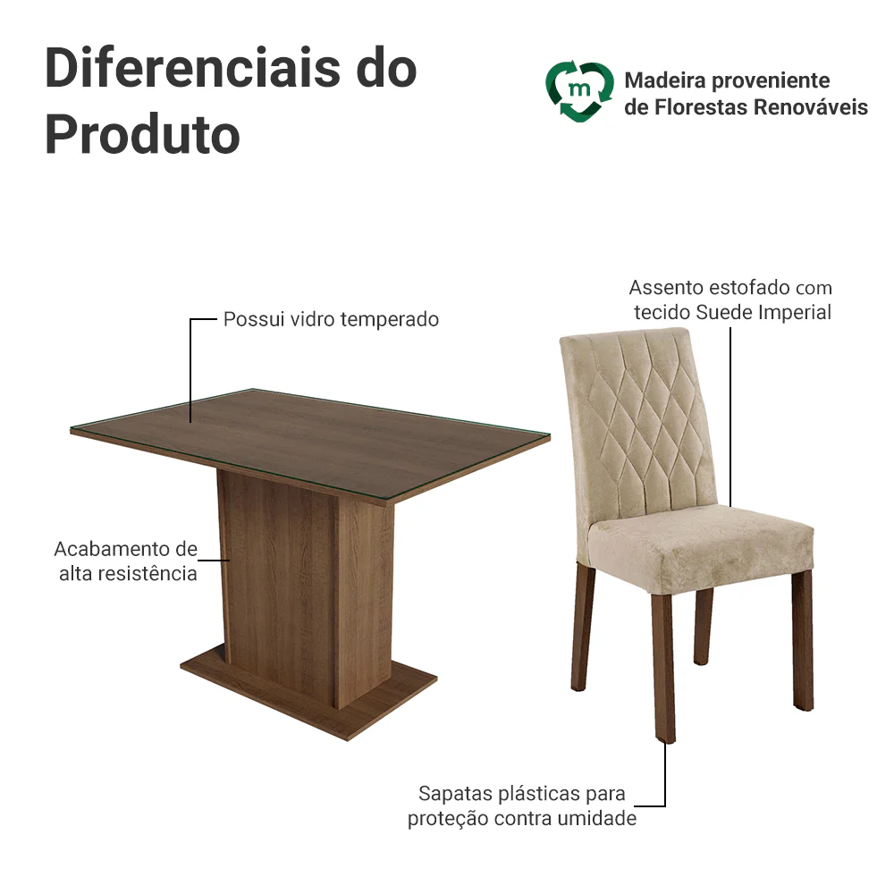 Conjunto Sala de Jantar Mesa Tampo de Vidro 4 Cadeiras Rustic/Imperial Reale Madesa - Image 4