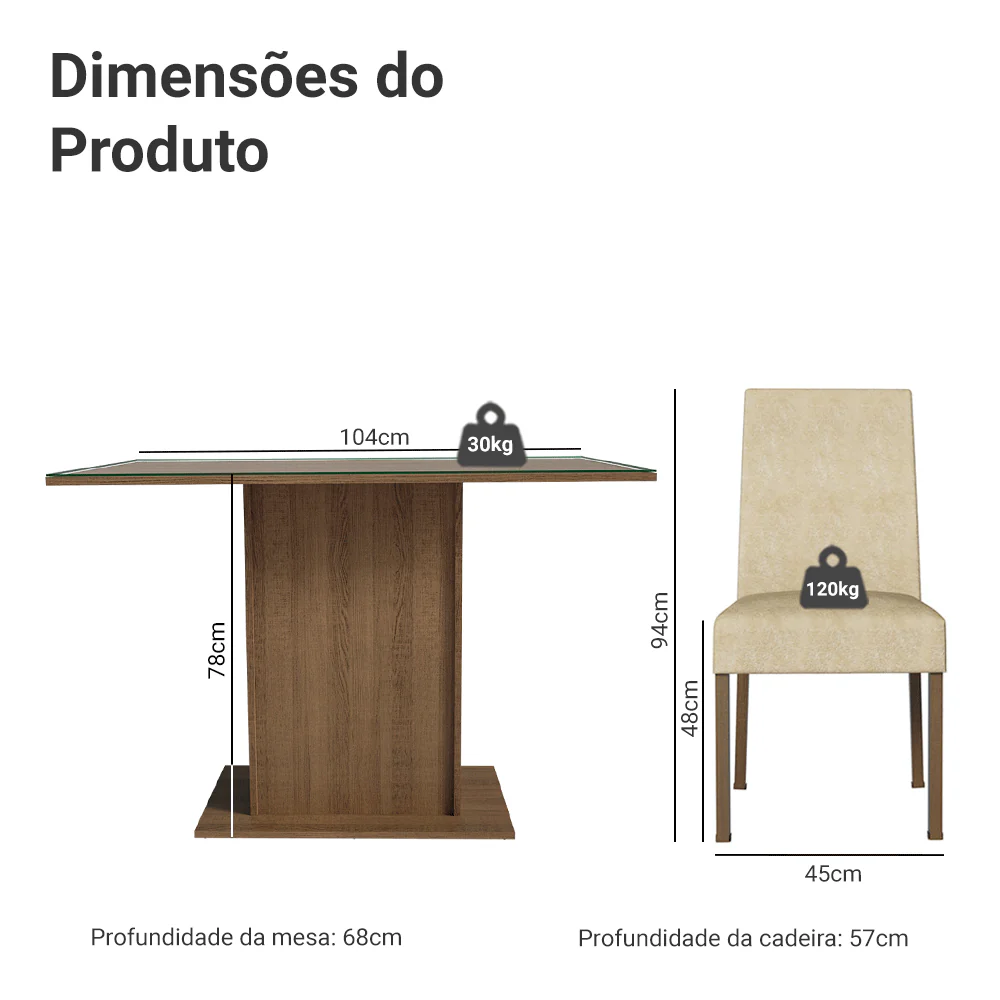 Conjunto Sala de Jantar Mesa Tampo de Vidro 4 Cadeiras Rustic/Imperial Zion Madesa - Image 3