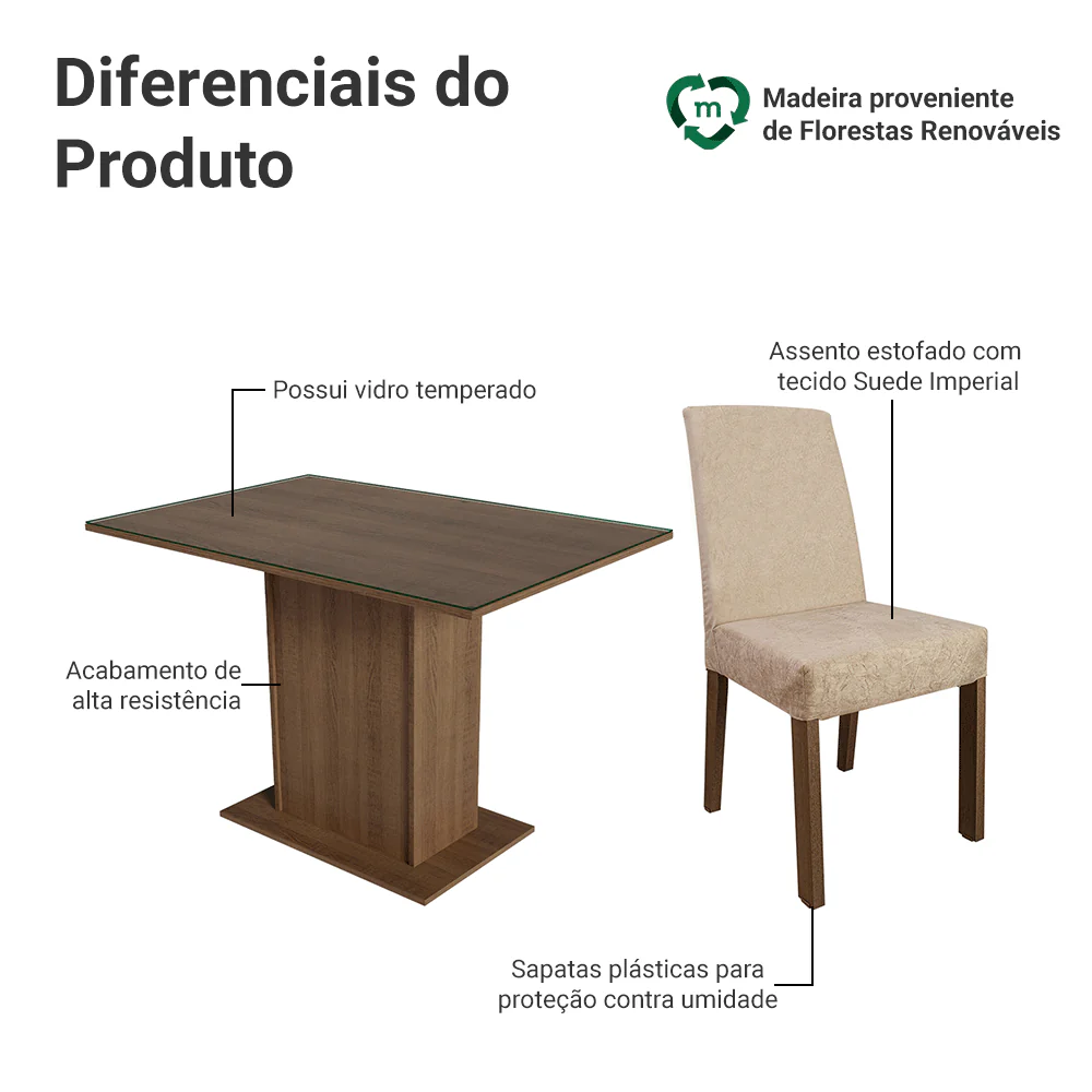 Conjunto Sala de Jantar Mesa Tampo de Vidro 4 Cadeiras Rustic/Imperial Zion Madesa - Image 4