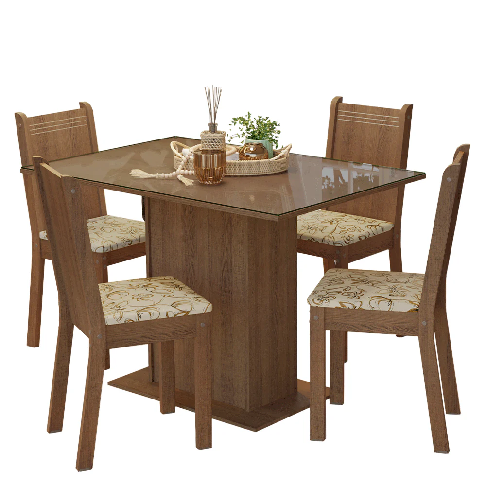 Conjunto Sala de Jantar Mesa Tampo de Vidro 4 Cadeiras Rustic/Lírio Bege Camélia Madesa - Image 2