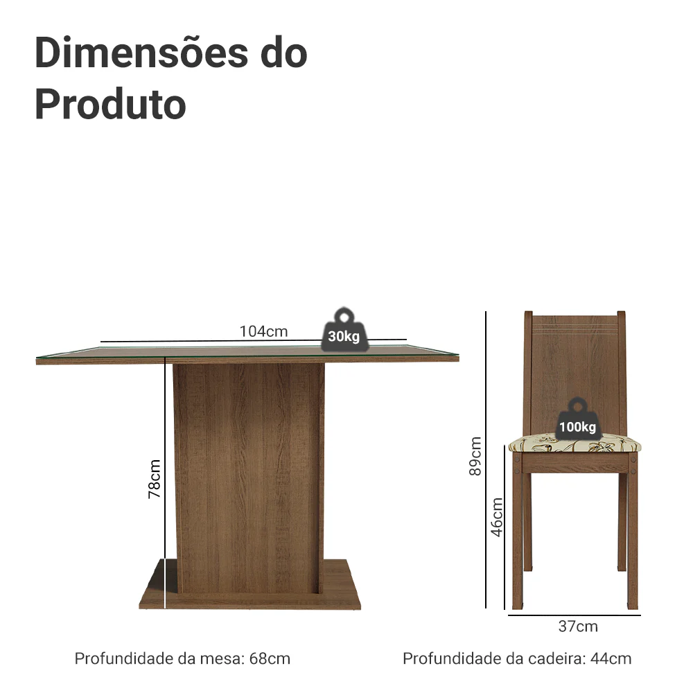 Conjunto Sala de Jantar Mesa Tampo de Vidro 4 Cadeiras Rustic/Lírio Bege Camélia Madesa - Image 3