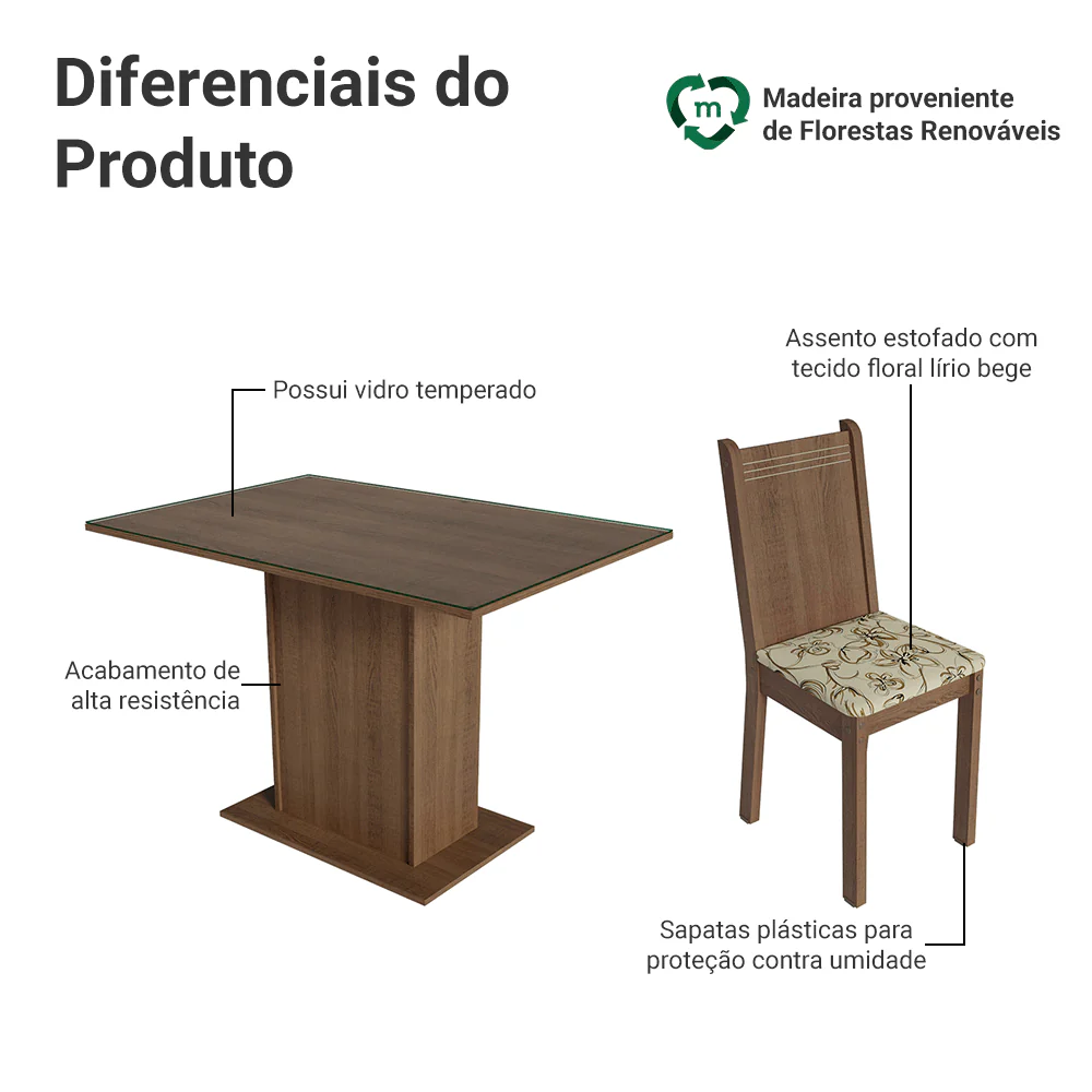 Conjunto Sala de Jantar Mesa Tampo de Vidro 4 Cadeiras Rustic/Lírio Bege Camélia Madesa - Image 4