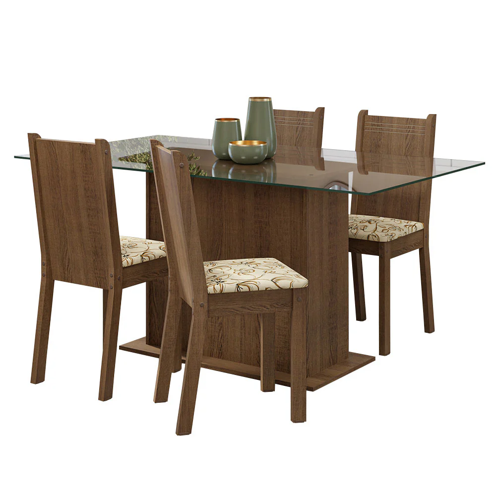 Conjunto Sala de Jantar Mesa Tampo de Vidro 4 Cadeiras Rustic/Lírio Bege Espanha Madesa - Image 2