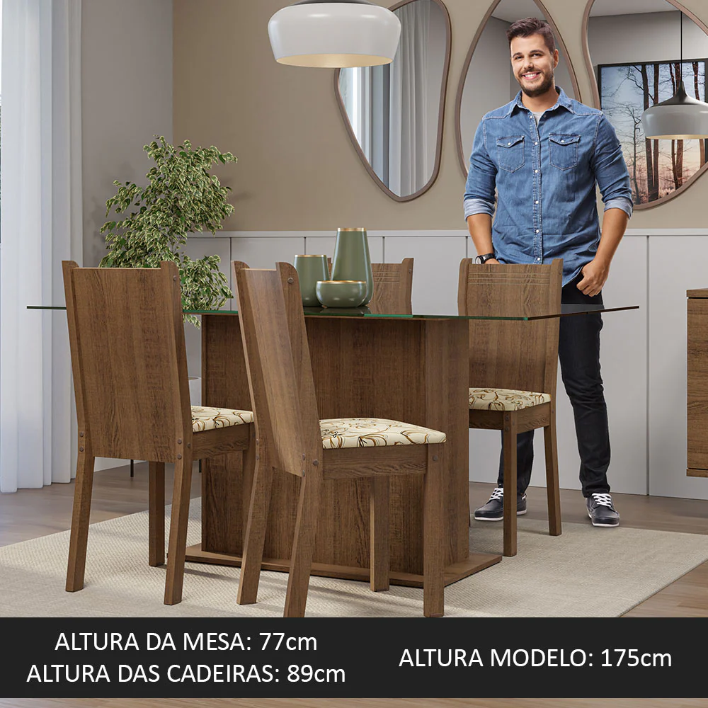 Conjunto Sala de Jantar Mesa Tampo de Vidro 4 Cadeiras Rustic/Lírio Bege Espanha Madesa - Image 5