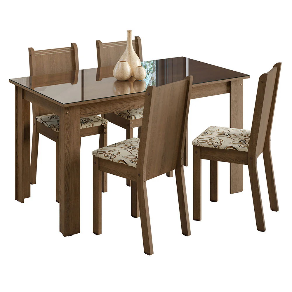 Conjunto Sala de Jantar Mesa Tampo de Vidro 4 Cadeiras Rustic/Lírio Bege Kiara Madesa - Image 2