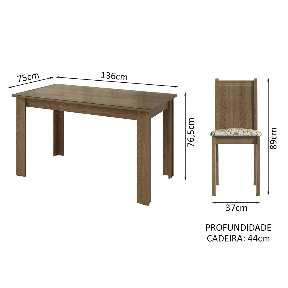 Conjunto Sala de Jantar Mesa Tampo de Vidro 4 Cadeiras Rustic/Lírio Bege Kiara Madesa - Image 3
