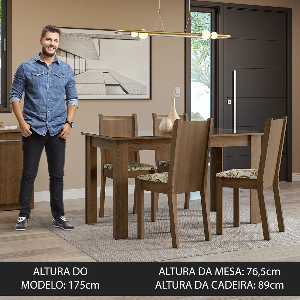 Conjunto Sala de Jantar Mesa Tampo de Vidro 4 Cadeiras Rustic/Lírio Bege Kiara Madesa - Image 4