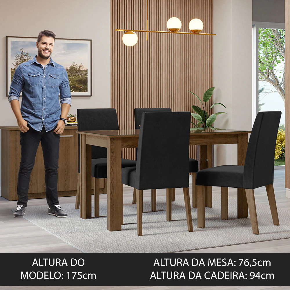 Conjunto Sala de Jantar Mesa Tampo de Vidro 4 Cadeiras Rustic/Oxford Antônia Madesa - Image 4