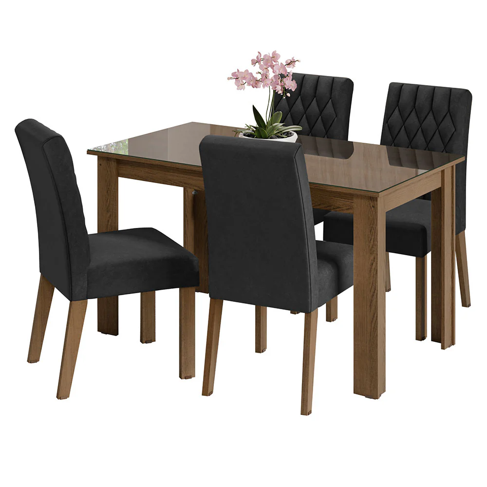 Conjunto Sala de Jantar Mesa Tampo de Vidro 4 Cadeiras Rustic/Oxford Celina Madesa - Image 2