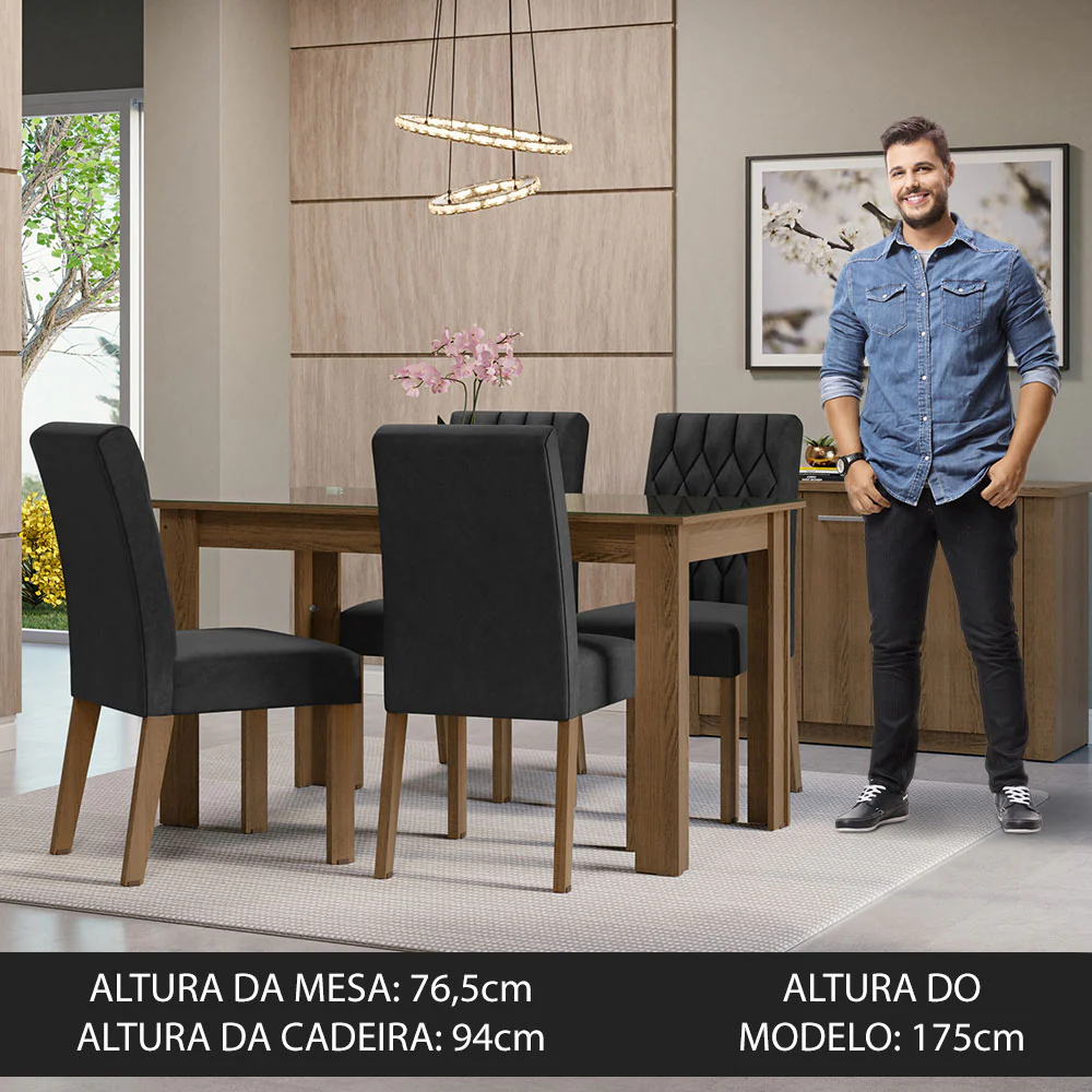 Conjunto Sala de Jantar Mesa Tampo de Vidro 4 Cadeiras Rustic/Oxford Celina Madesa - Image 4