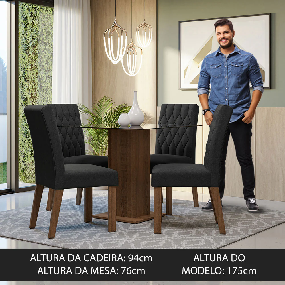 Conjunto Sala de Jantar Mesa Tampo de Vidro 4 Cadeiras Rustic/Oxford Noemi Madesa - Image 4
