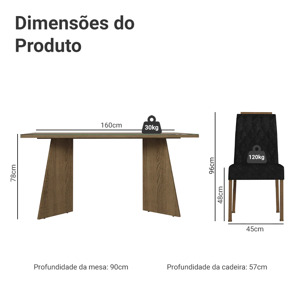 Conjunto Sala de Jantar Mesa Tampo de Vidro 4 Cadeiras Rustic/Oxford Porto Madesa - Image 3