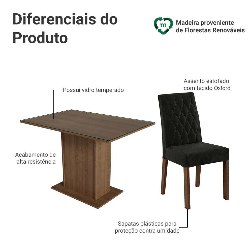 Conjunto Sala de Jantar Mesa Tampo de Vidro 4 Cadeiras Rustic/Oxford Reale Madesa - Image 4