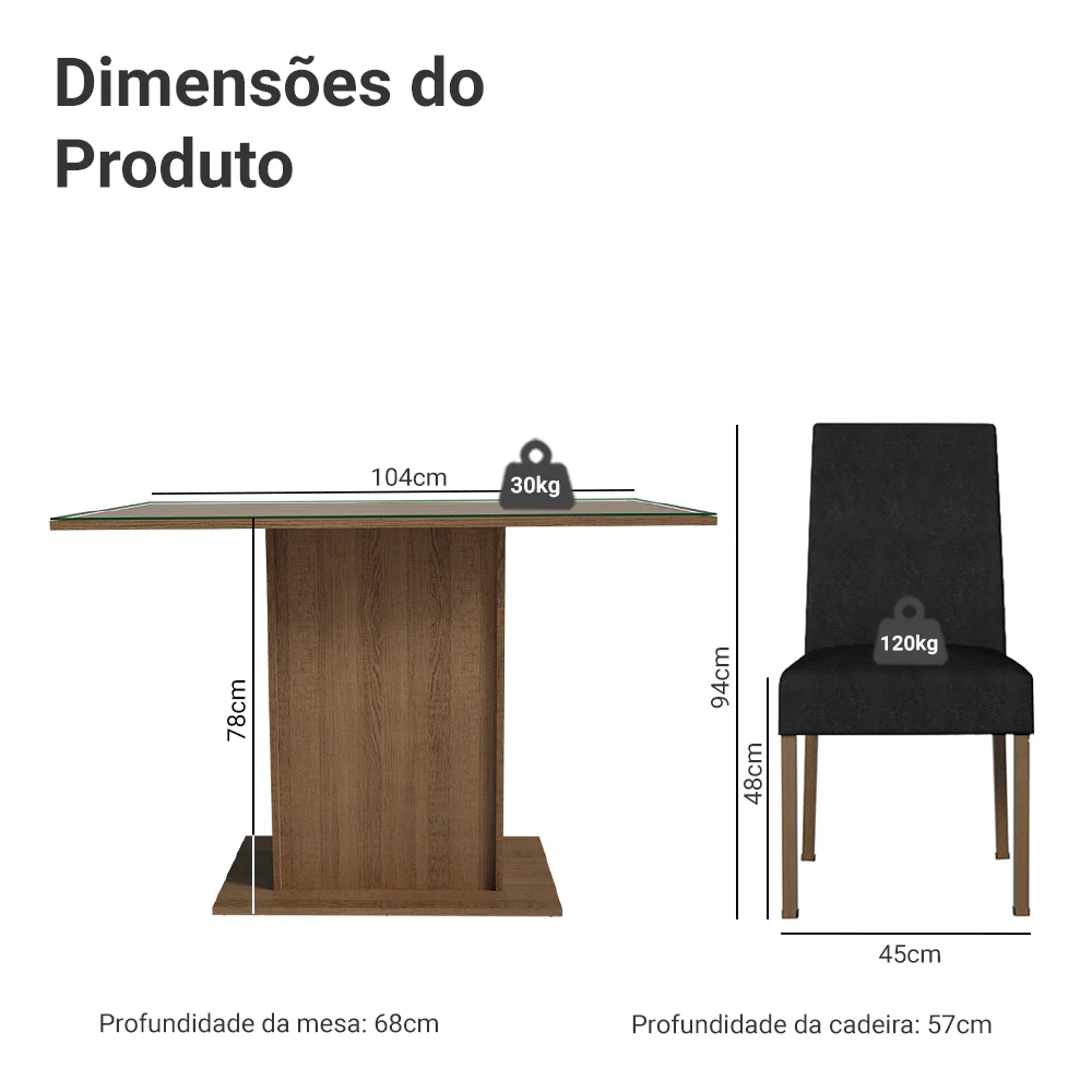 Conjunto Sala de Jantar Mesa Tampo de Vidro 4 Cadeiras Rustic/Oxford Zion Madesa - Image 3