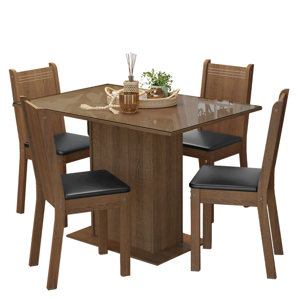 Conjunto Sala de Jantar Mesa Tampo de Vidro 4 Cadeiras Rustic/Preto Camélia Madesa - Image 2