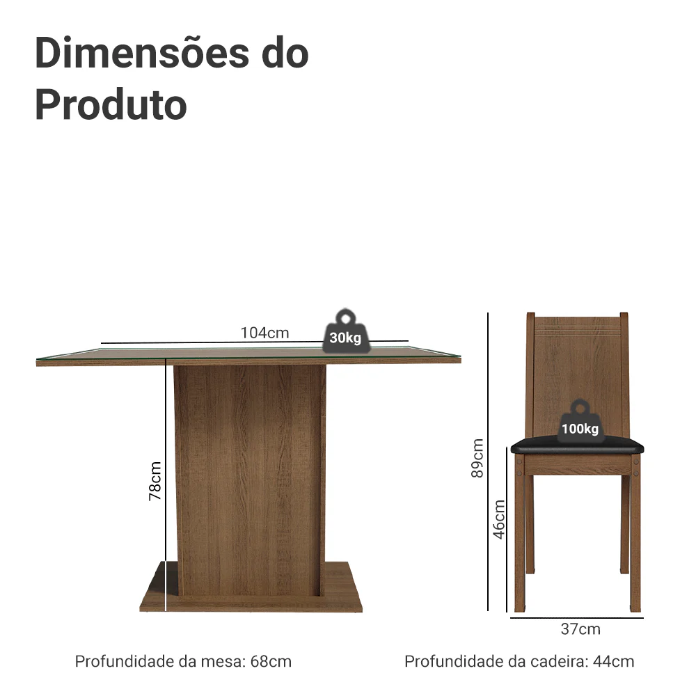 Conjunto Sala de Jantar Mesa Tampo de Vidro 4 Cadeiras Rustic/Preto Camélia Madesa - Image 3
