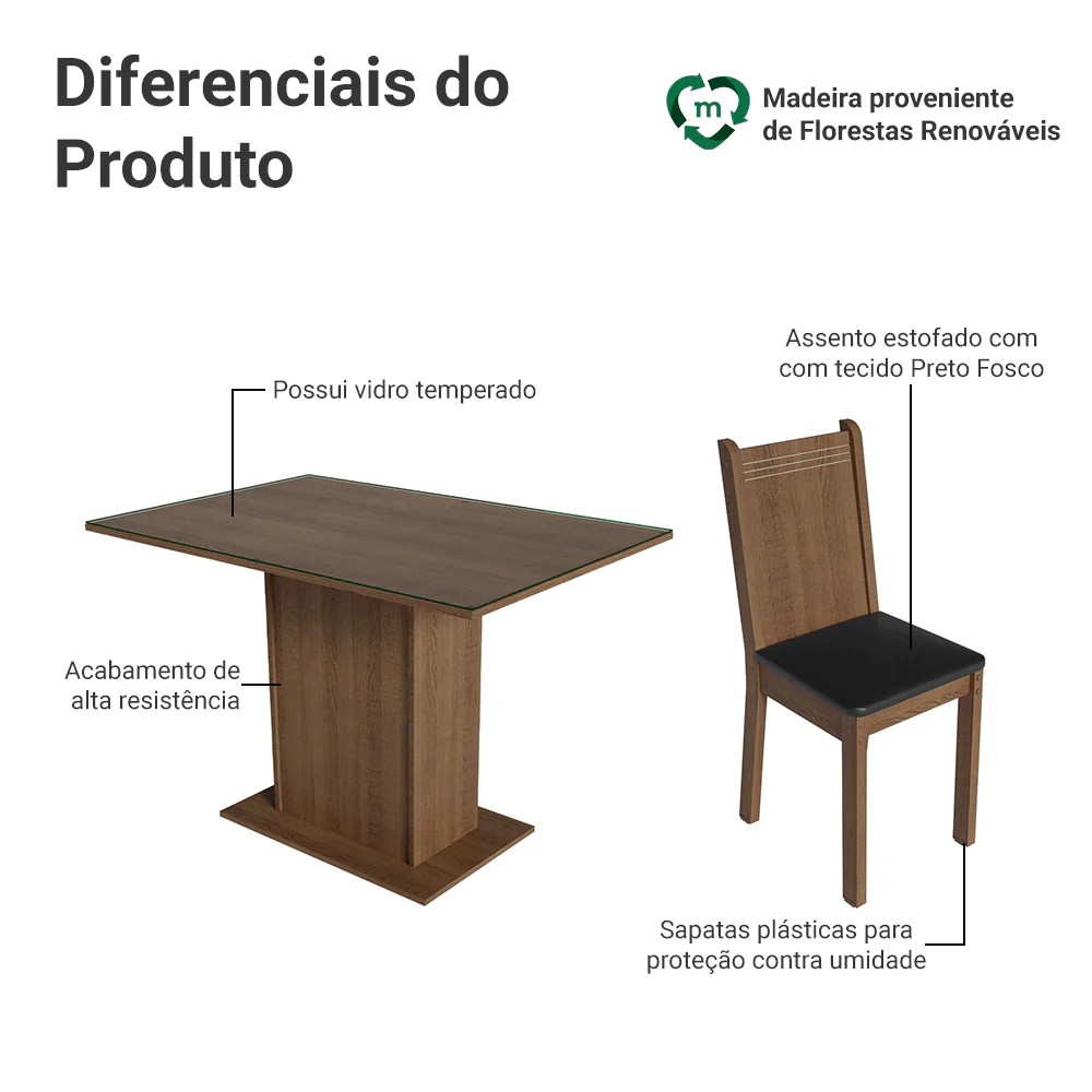 Conjunto Sala de Jantar Mesa Tampo de Vidro 4 Cadeiras Rustic/Preto Camélia Madesa - Image 4