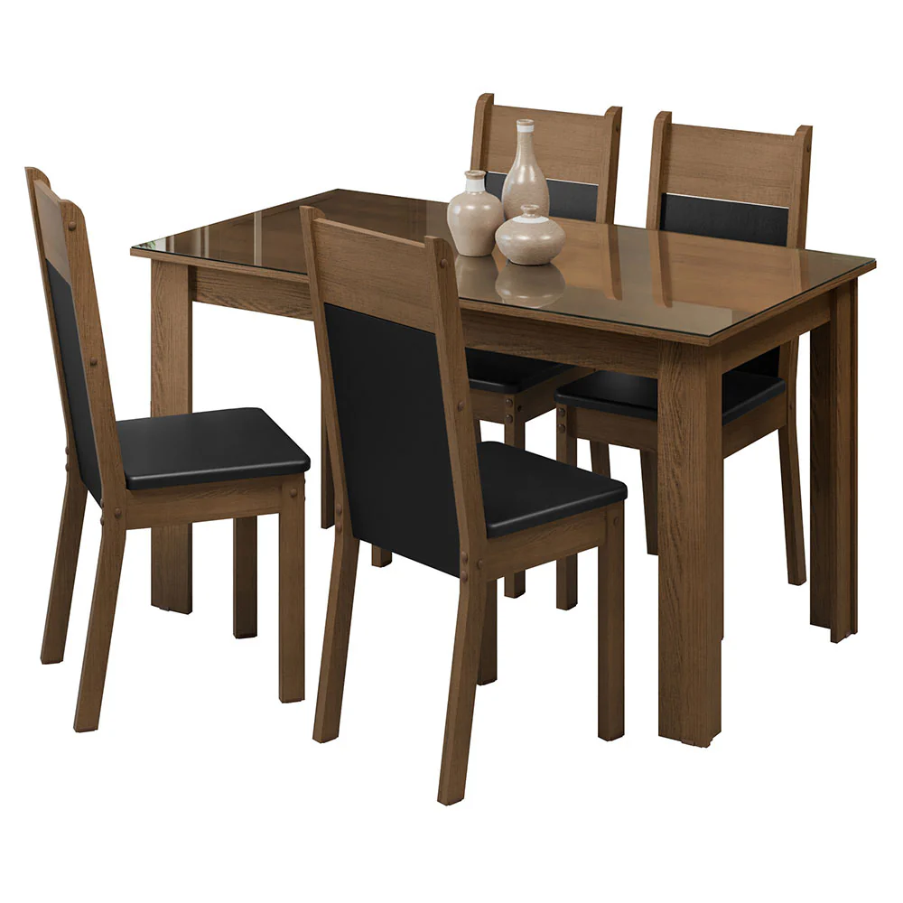 Conjunto Sala de Jantar Mesa Tampo de Vidro 4 Cadeiras Rustic/Preto Eloá Madesa - Image 2