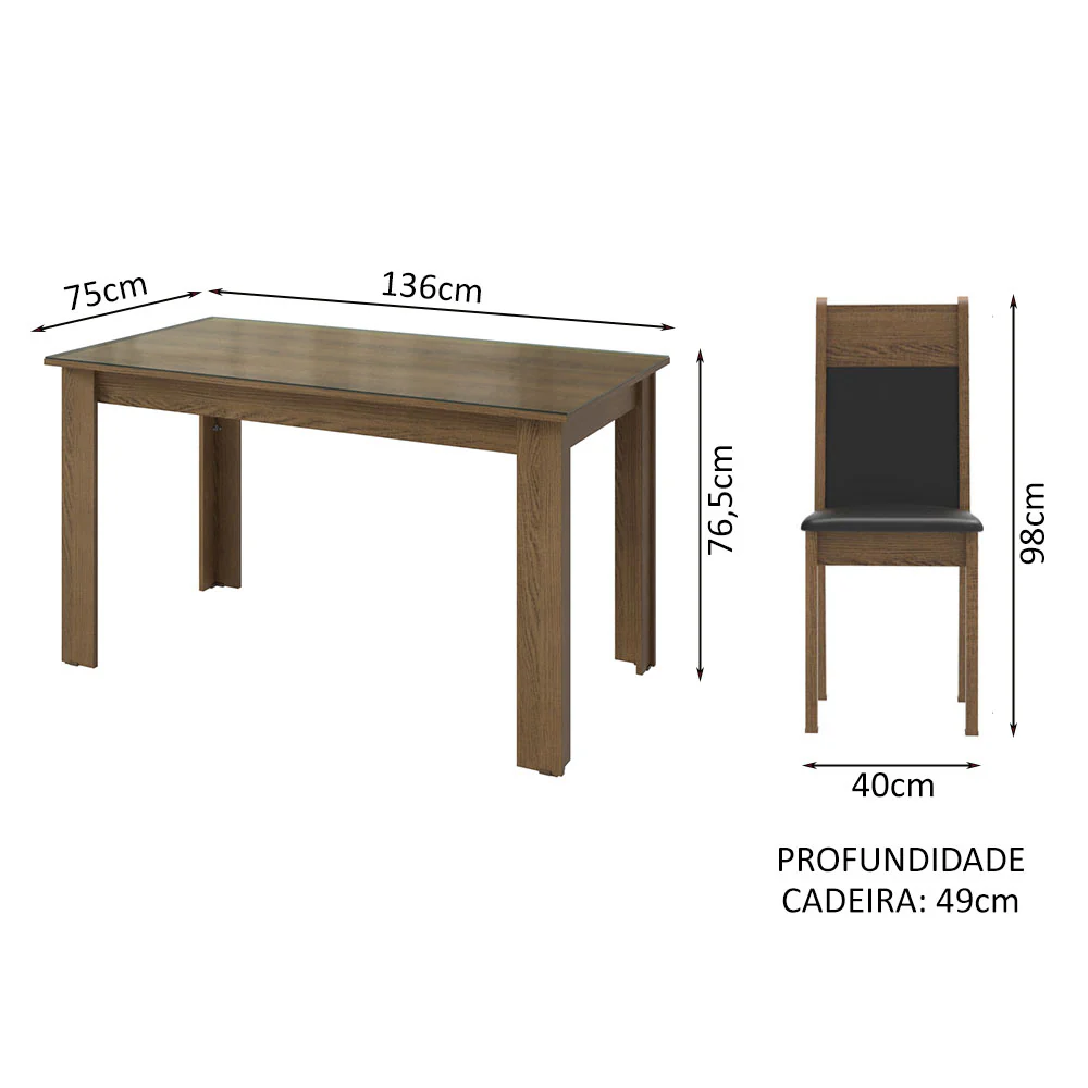 Conjunto Sala de Jantar Mesa Tampo de Vidro 4 Cadeiras Rustic/Preto Eloá Madesa - Image 3