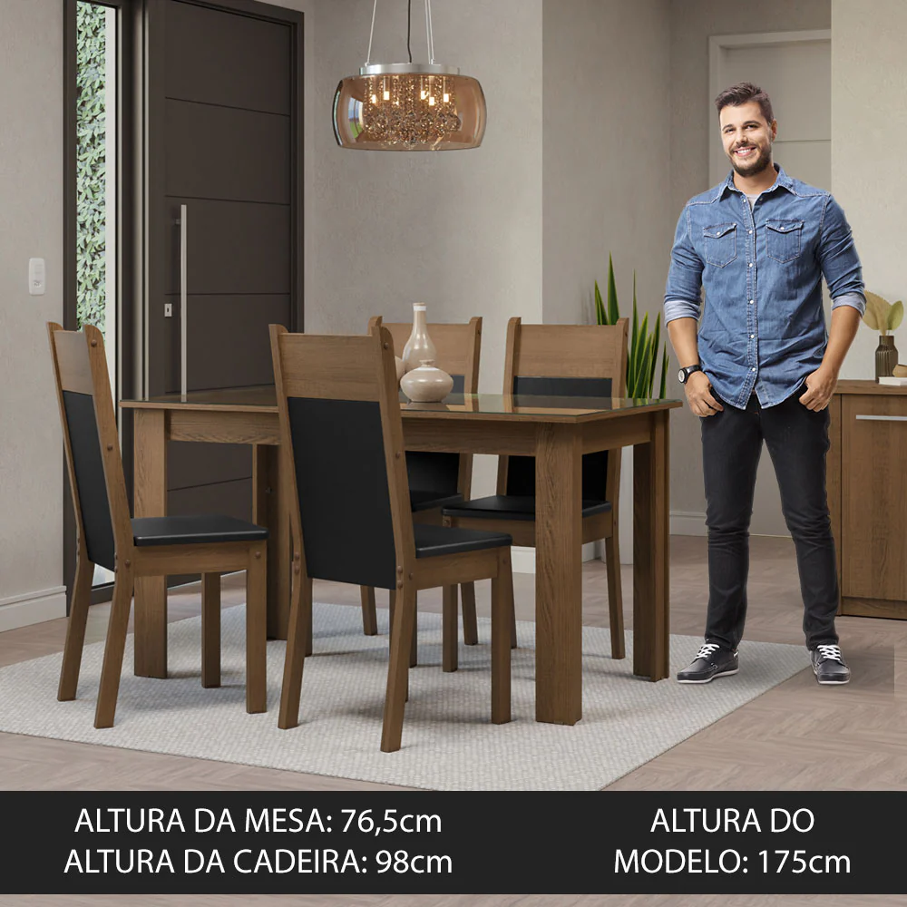 Conjunto Sala de Jantar Mesa Tampo de Vidro 4 Cadeiras Rustic/Preto Eloá Madesa - Image 4
